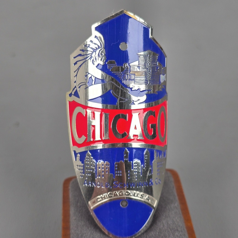 Arnold Schwinn & Co Chicago Bicycle Head Badge Blue Red Silver Skyline VTG READ